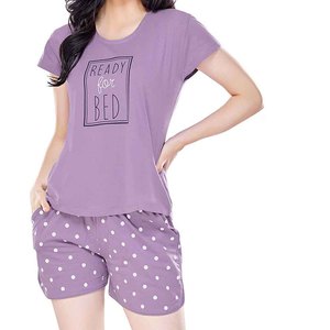 Conjunto de 2 piezas de pantalones cortos morados con lunares para mujer, manga corta, cuello redondo, corte holgado, algodón, informal, para primavera y verano - Product Image 1
