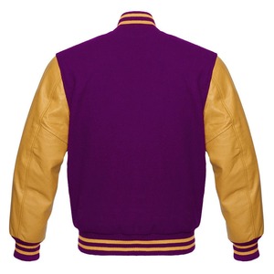 Men's <b>Purple</b> <b>Varsity</b> <b>Jacket</b> With Gold Sleeves Regular Fit Solid Color Button Closure Casual Autumn Wear - Product Image 3