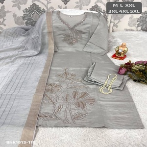 Última Colección de Kurti-Pantalón Largo Recto de Seda Romana con Bordado Khatli y Dupatta de Chanderi, Proveedor Indio de Moda Femenina - Product Image 1