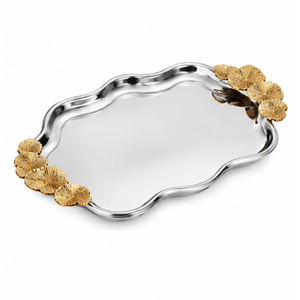 Stainless Steel Decorative <b>Tray</b> With <b>Gold</b> Floral Handles <b>Mirror</b> Polished Oval Serving Platter For Wedding Hotel Tabletop Decor - Product Image 1