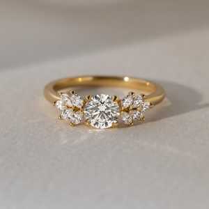 Anillo de compromiso de oro de 14k y 18k con diamante cultivado en laboratorio de 1 quilate, corte marquesa de 10 mm, con piedra lateral en forma de hoja, anillo solitario vintage, venta al por mayor B2B de fábrica - Product Image 1
