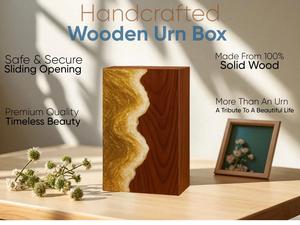 Urna Funeraria de Resina Dorada con Diseño de Olas, Caja Conmemorativa Artesanal de Madera de Palisandro para Cenizas Humanas, Tamaño Mediano 9x5.5 - Product Image 3