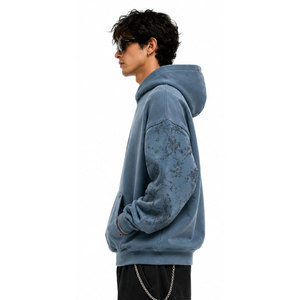 Sweat-shirt à capuche oversize de marque 100 % coton French Terry unisexe décontracté bleu automne avec poche et logo imprimé sur le devant - Product Image 4