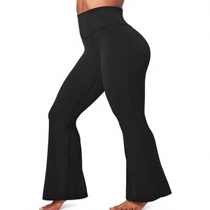 High Waist <b>Flared</b> Leg Yoga <b>Leggings</b> Full Length Solid Black Spandex Polyester Four-Way Stretch Seamless Elastic Waist - Product Image 1