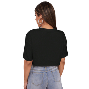 Camiseta corta negra lisa 100% algodón, estilo casual urbano para mujer, ligera, de manga corta, con logo personalizado, a la moda. - Product Image 2