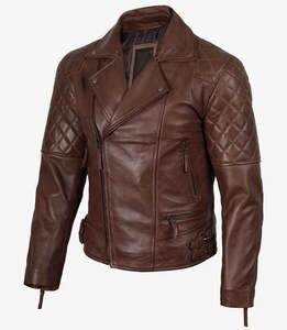 Veste en cuir marron vintage pour homme, style motard, coupe ajustée, design moto vintage, qualité supérieure - Product Image 2