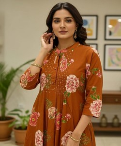 Women Traditional Cotton Kurta Floral Print Orange Regular Fit Regular Length Casual Party Wear India Pakistan Style Quick Dry - Product Image 2
