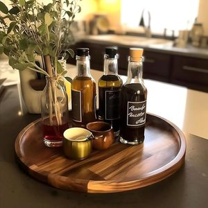 Round Natural Wood Handcrafted Fruit Serving Tray with Plant & Floral Pattern Movable <b>Rustic</b> Design for Kitchen Dining Room Use - Product Image 1