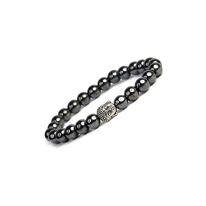 Bracelet élastique en pierre d'hématite naturelle fait main – Breloque tête de Bouddha argentée, bijoux de yoga et de méditation - Product Image 1