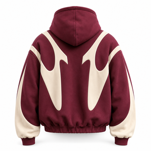 Custom 350 GSM Maroon Cream Applique Color Block Full <b>Zip</b> Cotton Polyester Fleece Streetwear Hoodie - Product Image 2