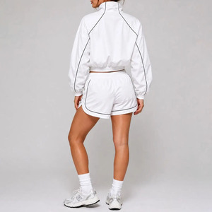 Conjunto Deportivo de 2 Piezas para Mujer, Color Blanco, Top con Cremallera de Manga Larga, Pantalones Cortos por Encima de la Rodilla, Tejido de Poliéster Transpirable, Ropa Casual de Primavera/Verano - Product Image 2