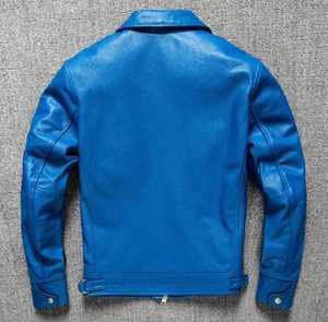 Custom Logo Men's Blue Genuine Leather Biker <b>Jacket</b> Stand Collar Zipper Closure <b>Slim</b> <b>Fit</b> Regular Length Polyester Lining - Product Image 2