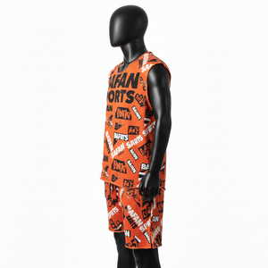 Conjunto de camiseta sin mangas y pantalones cortos para hombre, de poliéster suave, con estampado gráfico, sublimación, logotipo personalizado. - Product Image 4