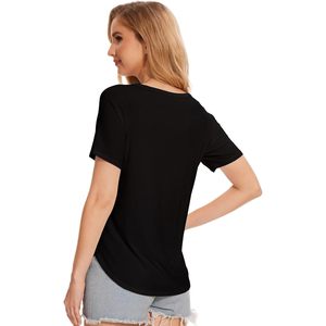 T-shirt noir à manches courtes et col rond pour femme, coupe ample, tricoté, couleur unie, décontracté, respirant, style toutes saisons - Product Image 4