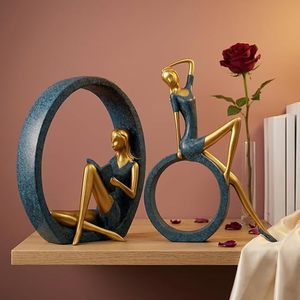 Escultura Abstracta de Mujer, Figura Decorativa con Círculos Dorados y Azules para Mesa - Product Image 2