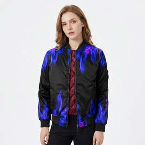 ROLEIN Unisex Long Front Purple Flame Print Eco-Friendly <b>Fleece</b> Bomber Jacket <b>Zipper</b> Closure Hooded Collar Casual Winter - Product Image 4