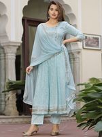 Salwar Kameez en coton bleu clair pour femmes avec broderie, coupe ample, longueur cheville, tenue décontractée traditionnelle indienne et pakistanaise