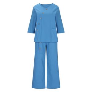 Women's Coral V-neck Two Piece Set <b>Three</b> <b>Quarter</b> Sleeve Loose Fit Casual Solid Color Breathable Woven <b>Pants</b> With Buttons - Product Image 3