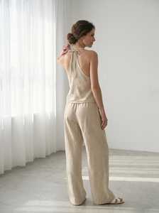 Women Solid Washed Vintage <b>Linen</b> Co-Ord <b>Set</b> Sleeveless Halter Top Wide Leg Pants Summer Resort Wear - Product Image 2