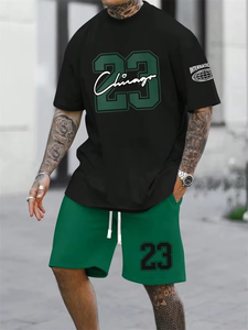 Mens 2-Piece <b>Knitted</b> Polyester/Cotton T-Shirt <b>Set</b> Slim Fit Casual Summer Crew Neck Digital Printing 220-240 Grams Fabric Weight - Product Image 4