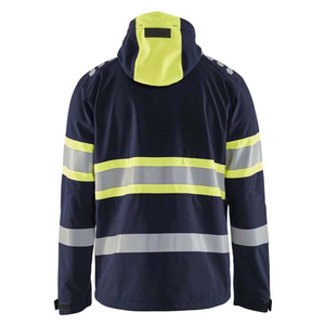 High Visibility Safety <b>Jacket</b> Class 2 Waterproof Reflective <b>Work</b> <b>Jacket</b> with Hood and Pockets Navy Blue with Lime Green Stripes - Product Image 2