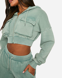<b>Top</b> Trendy Winter Stonewashed Acid Washed Front <b>Long</b> <b>Sleeve</b> Crop <b>Top</b> Cargo Pocket Hoodie Customized Logo Unisex Warm Zip Vintage - Product Image 6