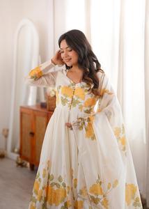 ชุดเดรส Anarkali ผ้าไหมออร์แกนซ่าพิมพ์ลายดอกไม้ พร้อมดีไซน์กระเป๋า Potli หรูหรา ผ้าคลุมไหล่ Gota Patti Lace ยาวสี่เมตร ชุดกางเกง - Product Image 4