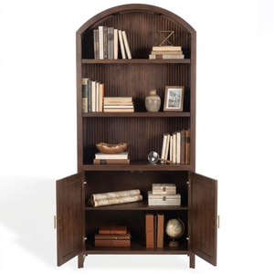 Luxury Dark Finish Teak Wood Cabinet Ribbed Backing <b>Open</b> Shelf <b>Bookcase</b> Accent Display Unit - Product Image 1