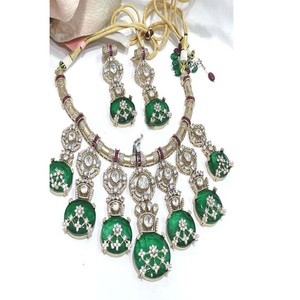 Elegant Premium Quality Brass Gold Plated Moissanite Trendy <b>Statement</b> Fusion <b>Necklace</b> Set with Earrings for Wedding & Party Wear - Product Image 2
