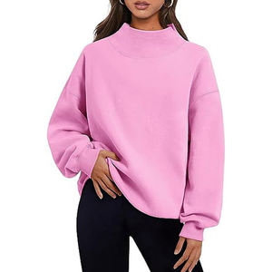 Sweat-shirt rose bubblegum pour femme à col montant, épaules tombantes amples, manches longues et ourlet uni à bande, idéal pour le quotidien - Product Image 1