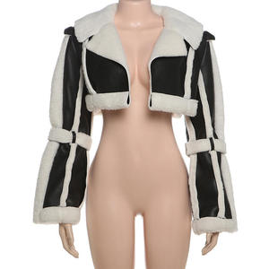 Veste de moto courte en cuir PU pour femme, style streetwear patchwork avec fourrure, style bomber court, manteau à manches longues - Product Image 4