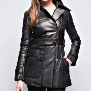 Solid Trader High Quality & Breathable Strong Buttons Adjustable Waist Slim Fit Wear Womens <b>Long</b> <b>Leather</b> <b>Jacket</b> - Product Image 1