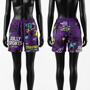 Shorts cortavientos de poliéster ligero de 110 GSM, color morado, con estampado digital completo, diseño gráfico, logotipo personalizado, shorts para mujer - Product Image 6