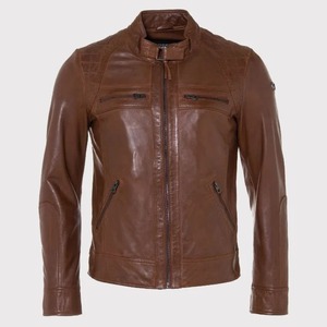 เสื้อแจ็คเก็ตหนังแฟชั่นสีคอนยัคสำหรับผู้ชาย - Product Image 1