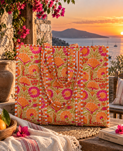 Botanical Print Eco-friendly Cotton Tote <b>Bag</b> | Orange for Quilted Floral Design | Handmade Fashion Shoulder Tote for Women - Product Image 1
