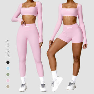 Ensemble de yoga pour femme : Crop top rose à col carré et manches longues, leggings taille haute sans couture, extensible dans les quatre sens, couleur unie - Product Image 1