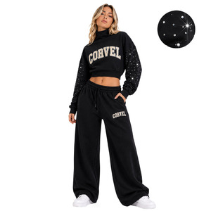Ensemble de survêtement Y2K noir à strass, col montant, coupe courte, pour femme, avec impression de lettres en relief personnalisée, pantalon de survêtement ample et épais à jambes larges - Product Image 1