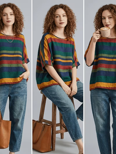 Plus Size Women's <b>Patchwork</b> Anti-Wrinkle O-Neck Pullover Short Sleeve 100% Cotton Casual Summer Knit Tee 380g Digital Printed - Product Image 3