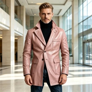 <b>Men</b> Faux <b>Leather</b> <b>Blazer</b> Mid Length Casual Slim Jacket Fit Formal Business Daily Windproof Coat Travel Autumn Wear - Product Image 1