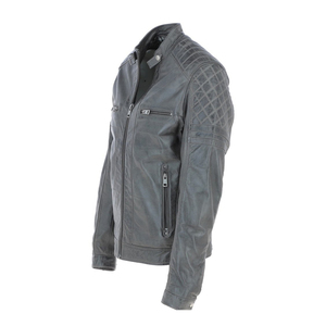 <b>Men's</b> Genuine Grey <b>Leather</b> Motorcycle <b>Jacket</b> Stand Collar Zipper Closure Washed Finish Solid Color Regular Fit Style - Product Image 5