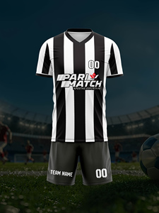 Custom Sublimated Black <b>White</b> Striped Soccer Jersey Set Men's V-Neck Short Sleeve Breathable Polyester Team Uniform - Product Image 1