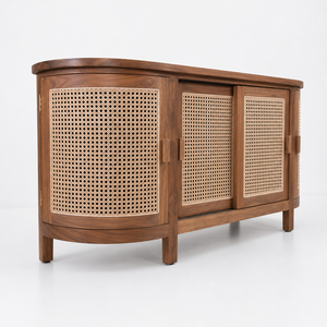 Teak Rattan Credenza Curved <b>Sideboard</b> Cabinet Solid Teak Wood Buffet <b>Storage</b> Cupboard Console Unit Living Dining Room Furniture - Product Image 2
