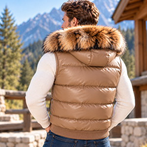 <b>Men's</b> Luxury Breathable Leather Puffer <b>Gilet</b> <b>with</b> Fox Fur <b>Hood</b> | Windproof Autumn Outerwear - Product Image 2