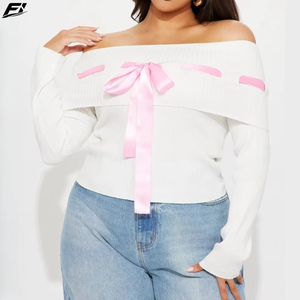 Trendy Ladies <b>Off</b> <b>Shoulder</b> Long Sleeve Ribbed <b>Sweatshirt</b> Bow Decoration Casual Elegant Tops Women Spring Autumn Wear - Product Image 2