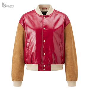Veste universitaire en cuir verni personnalisée unisexe, manches en daim rouge et marron, veste bomber bicolore, boutons pression, OEM/ODM personnalisé - Product Image 1