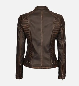 Women's Dark <b>Brown</b> PU <b>Leather</b> Moto <b>Jacket</b> Full Sleeve Stand Collar Quilted Zipper Closure Autumn Style - Product Image 2