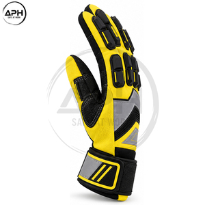 Gants de travail industriels professionnels jaunes et noirs à doigts entiers avec détails sur la paume, sangle de poignet réglable, haute visibilité - Product Image 4