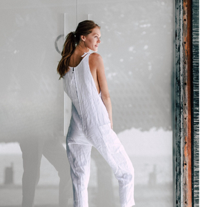 Mono de lino blanco estilo bohemio para mujer, mono midi sin mangas con bolsillos, mono de lino de verano para mujer a precio de fábrica - Product Image 3