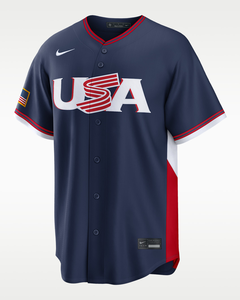 Custom Men's Baseball Jersey <b>Navy</b> Red White Color Blocked Crew Neck Short Sleeve Embroidery Flag Patch Moisture Wicking - Product Image 1