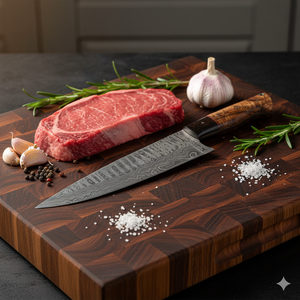 Cuchillo de Chef de Acero Damasco de 67 Capas Hecho a Mano con Funda de Cuero y Mango de Madera, Juego de Cinco Piezas con Logotipo Personalizado, OEM Disponible, Estilo Vintage - Product Image 5